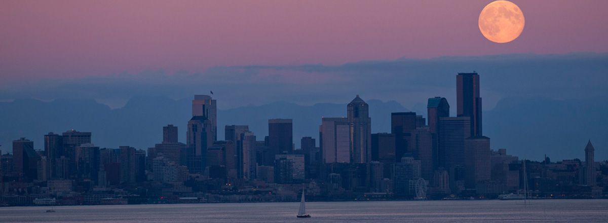 Moon over Seattle, a ferry ride away from Bainbridge Island